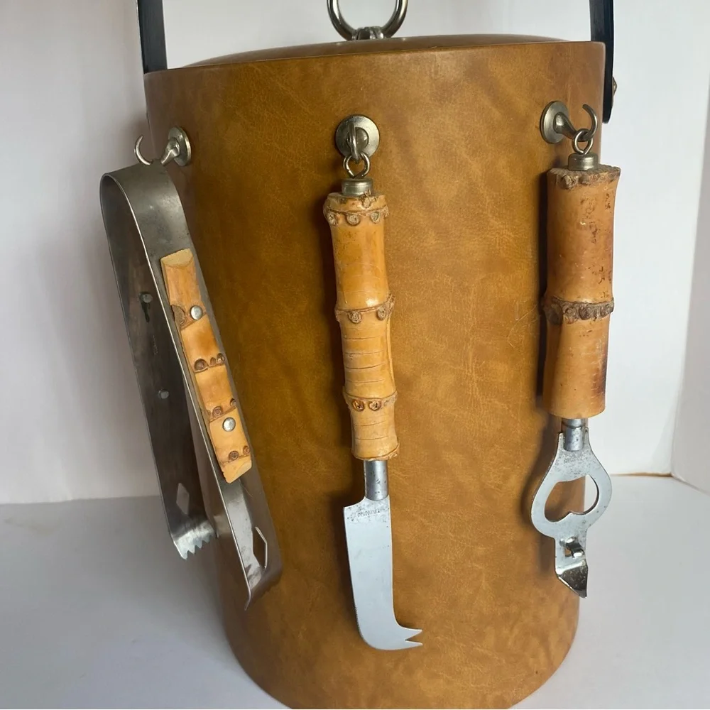 Vintage Ice Bucket Leather look with Real Bamboo Handle Utensils